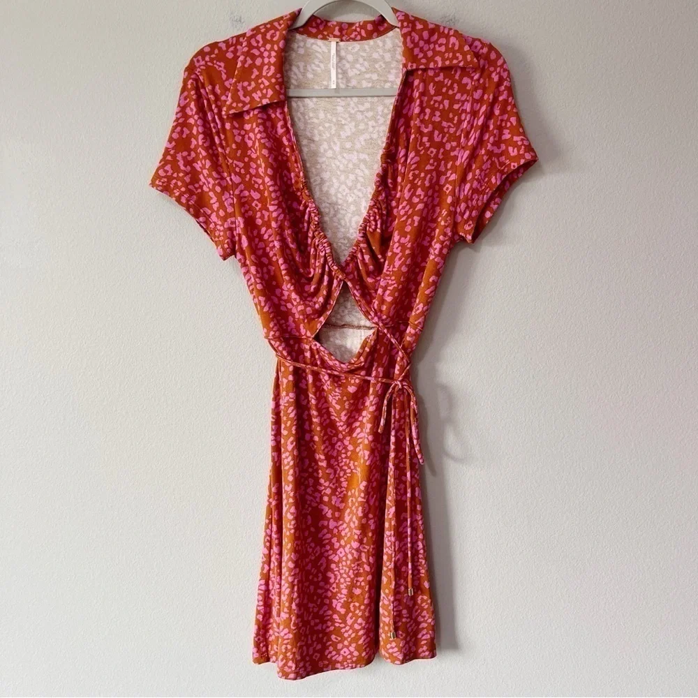 Free People Size Medium Pink Marsaille Mini Dress Leopard Print Wrap Front Tie